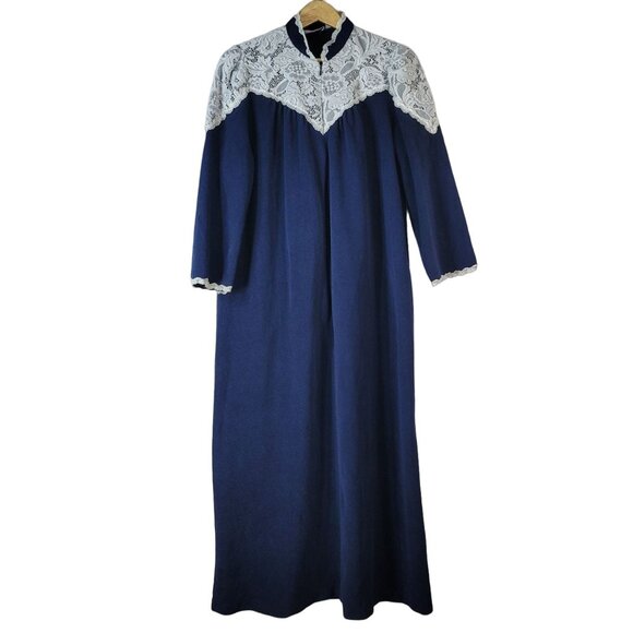 Beth Michaels Velour Robe Blue Medium Lace Long Sleeve Zip Pockets Granny VTG - Picture 1 of 11